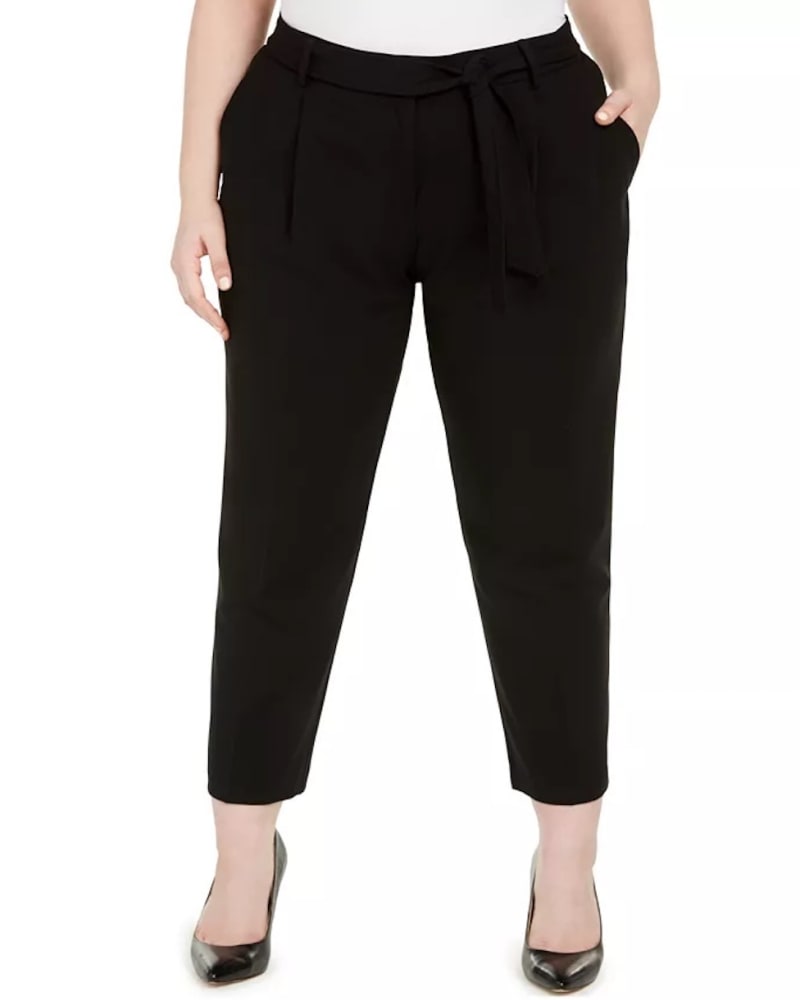 Front of a model wearing a size 24 Calvin Klein Women's Belted Straight-Leg Pants Black 24 in Black by Calvin Klein. | dia_product_style_image_id:307355